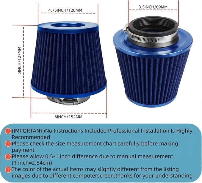 Universal Clamp-On Air Intake Filter, High Performance, Washable Filter