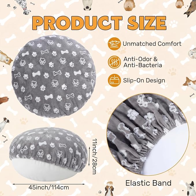 Oudain Washable Round Dog Bed Cover 45" x 45" x 11" Gray Paw Bone Prints Waterproof Dog Bed Cover Replacement for Round and Donut Dogs Beds Scratch Resistant Mattress Protector
