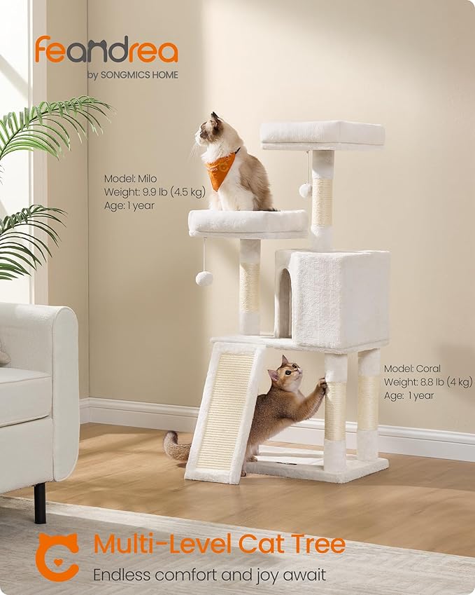 Feandrea Cat Tree, 45.3-Inch Cat Tower, Plush Condo with Scratching Post, Ramp, Perch, Spacious Cave, for Small Space, Cream White UPCT141W02