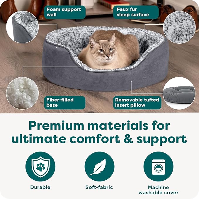 FurHaven Dog Bed for Small Dogs, Oval Lounger with Soft Pillow Cushion Insert for Cozy Comfort, Removable Washable Cover, Small, Faux Fur & Suede, Gray