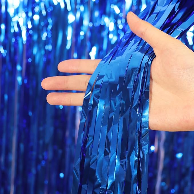 3 Pack 3.3x8.2 Feet Blue Foil Fringe Backdrop Curtains, Tinsel Streamers Birthday Party Decorations, Fringe Backdrop for Graduation, Baby Shower, Gender Reveal, Disco Party
