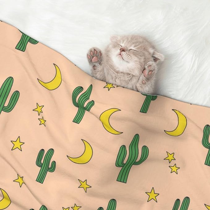 Pet Blanket for Travel and Home, Cactuses Moon, Reversible Plush Dot Design with Soft Grip Texture on One Side Perfect for Car Seats Moving Vehicles
