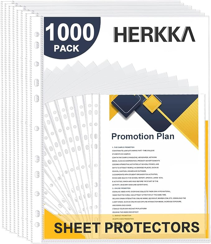 Sheet Protectors, HERKKA 1000 Pack Heavy Duty Clear Plastic Page Protectors Sheet Reinforced 11-Hole Fit for 3 Ring Binder Fits Standard 8.5 x 11 Paper, 9.25 x 11.25 Top Loaded, Acid Free