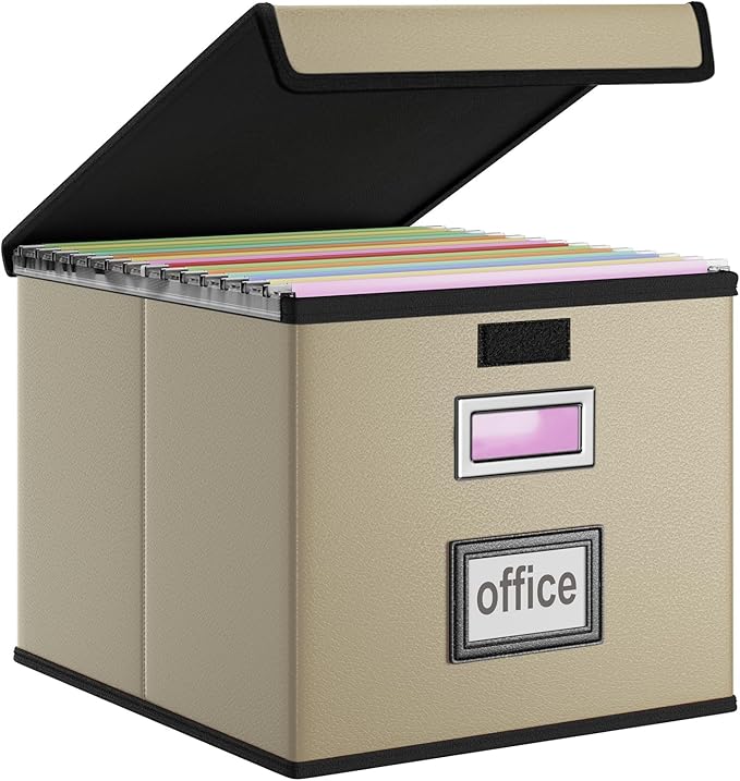 Huolewa Faux Leather File Organizer Box with Lid, Collapsible Hanging File Folder Box Organizer with Plastic Slides, Decorative Home/Office Filing System Boxes for File and Folder Storage-Khaki