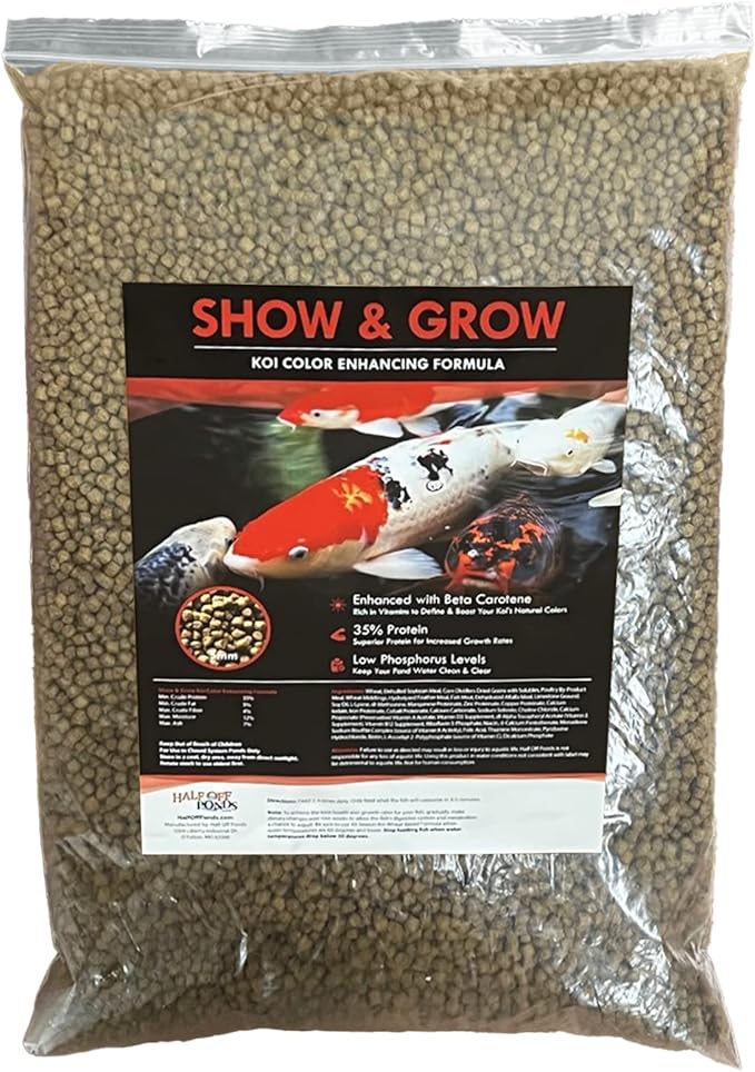 HALF OFF PONDS Show & Grow Koi Fish Food - 5 lb Floating Pellets, 5mm Size - Goldfish Food for Ponds - 35% Protein with Beta Carotene & Vitamins - Enhances Color Vibrancy & Body Definition