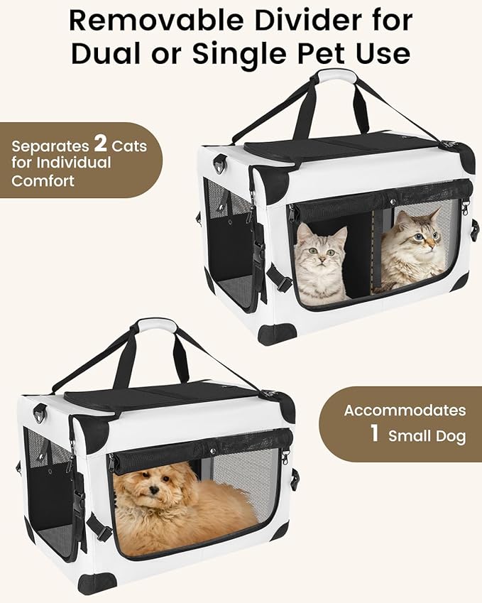 Extra Large Cat Carrier for 2 Cats with Divider, Double Soft-Sided Pet Carrier for Small Dogs, Puppies & Rabbits, Collapsible Travel Carrier with Removable Cozy Pad & Storage Pockets