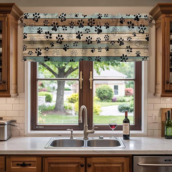 Dog Paws Valance Curtains for Kitchen, Teal Brown Wood Grain Privacy Rod Pocket