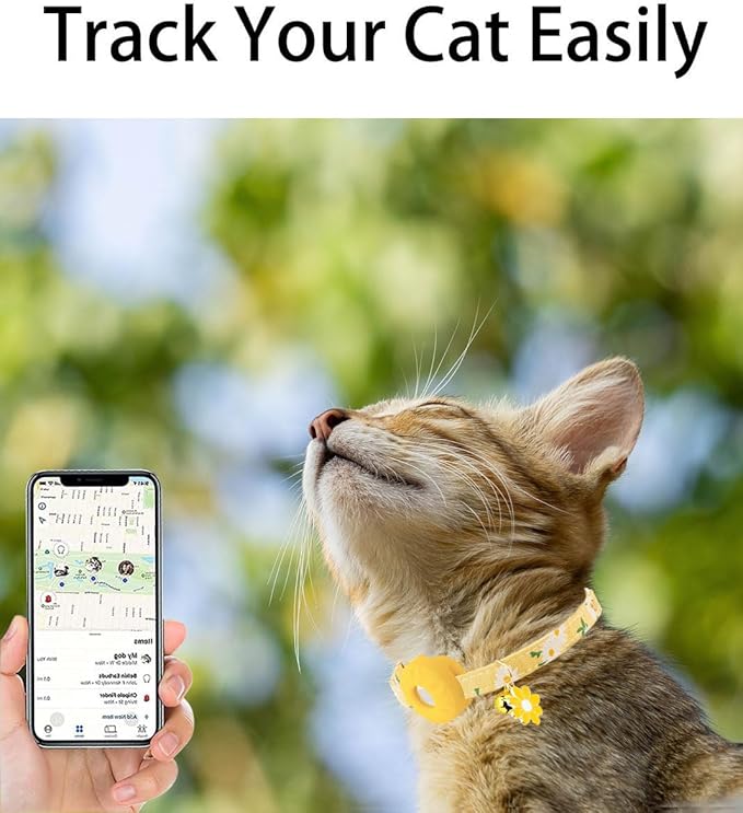 Breakaway Cat Collar with Airtag Holder,Kitten Collar with Apple Air Tag Holder and Bell for Girl Boy Cats, 0.4 Inches in Width and Lightweight. (Yellow Daisy)