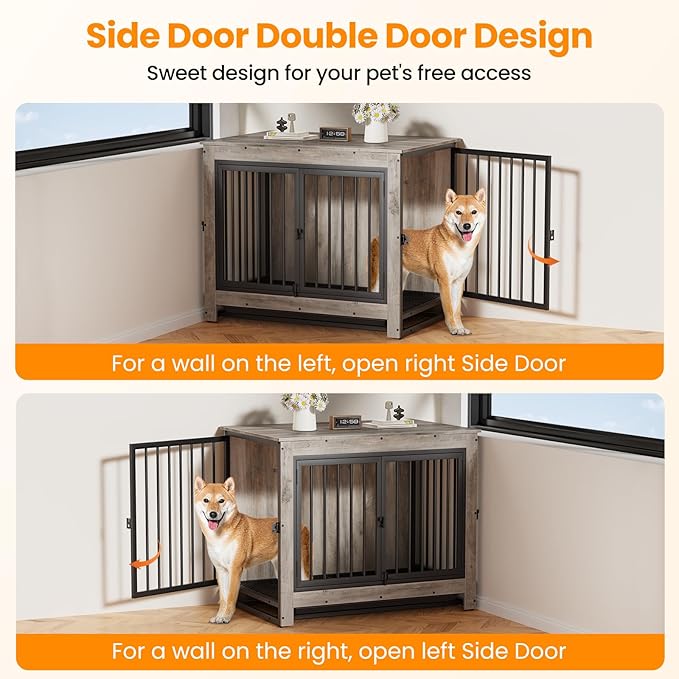 Dog Crate Furniture, 38 Inch Indoor Dog Kennel for Medium Dogs Up to 50 LBS, Heavy Duty Wooden Pet Cage End Table with 3 Doors, Alloy Steel Frame & Removable Tray