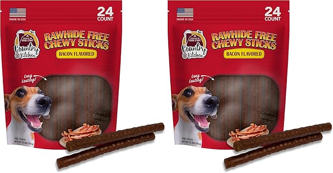 Country Kitchen Rawhide Free Chewy Stick Dog Treats, Bacon Flavor, 24 Count (Pack of 2)
