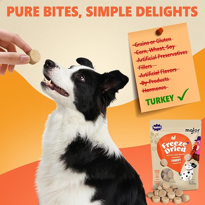 MAJOR PETS Freeze Dried Turkey Dog & Cat Treats, Quality High Protein, Hypoallergenic, Grain Free, Gluten Free, Human-Grade, Made in the USA, Easy to Digest for Training & Meal Topper, 10oz