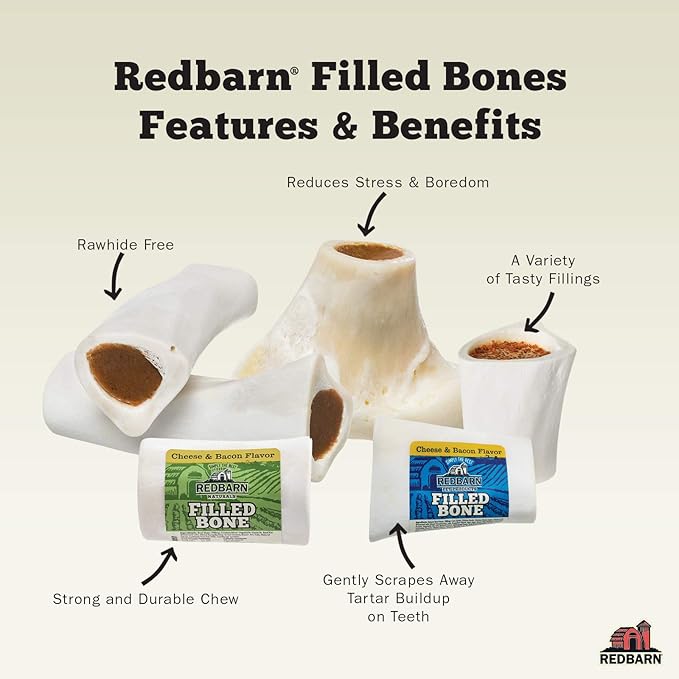 Redbarn Large Filled Bones for Dogs, Beef Flavor - Made in USA Long Lasting Stuffed Femur Treat for Aggressive Chewers - Case of 15