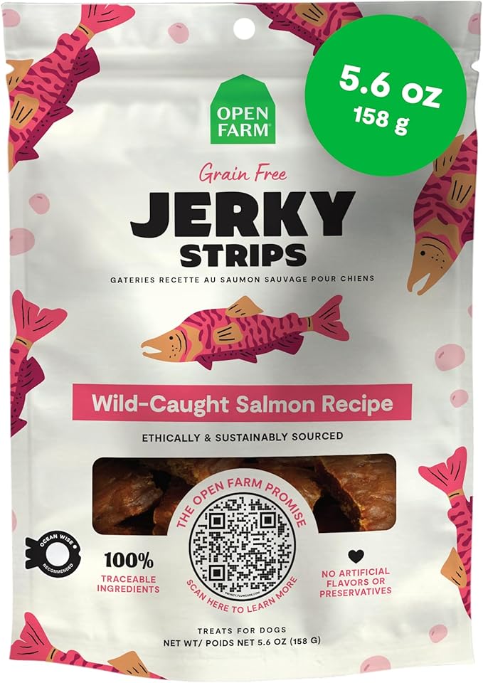 Open Farm, Dog Jerky Treats, Soft & Chewy Oven-Baked Jerky Strips Made with Ethically & Sustainably Sourced Ingredients, Protein Packed Dog Treats, Grain Free Wild Caught Salmon Recipe, 5.6oz Pouch