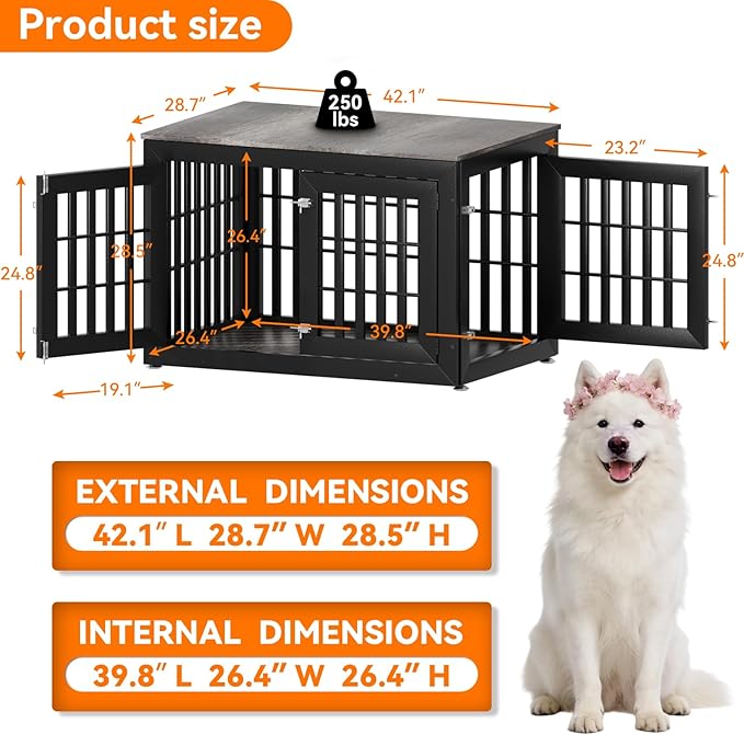 42" Heavy Duty Dog Crate Furniture for Small,Medium and Large Dogs,Rustic Wooden Dog Cage Kennel Indoor Furniture with Waterproof Top,Decorative Pet House Side End Table (Black & Grey)