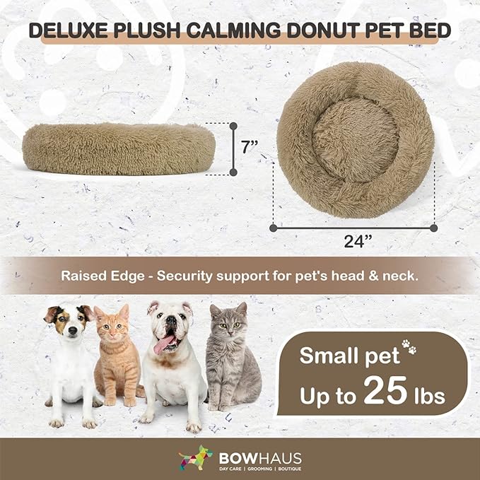 24/30 Inch Calming Donut Pet Bed for Small/Medium Cats and Dogs, Anti-Slip Bottom, Washable, Anti-Anxiety Fluffy Round Cat Bed, Indoor Shaggy Cuddler Cotton Candy Brown, Light Gray, Pink Bed