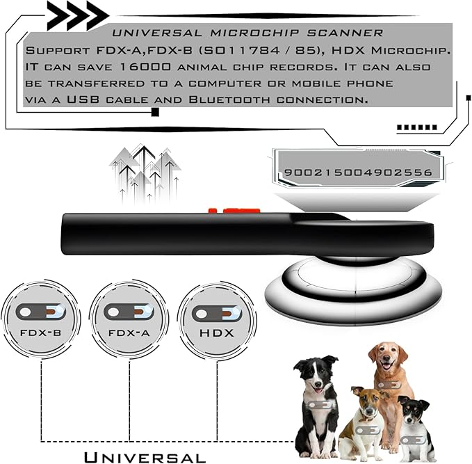 Smoostart Universal Pet Microchip Scanner, FDX-A/FDX-B/HDX Microchip Reader Read All Format Chips 16000 Data Records Upload to Pc for Animal/Pet/Dog/Cat/Pig (AVID Microchip Not Supported)