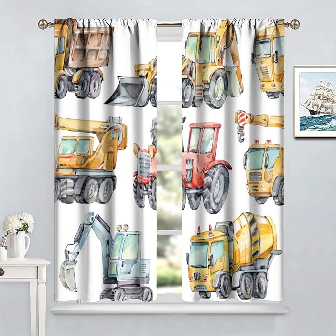 Kids Excavator Curtains, Retro Truck Tractor Machinery Construction Vehicle