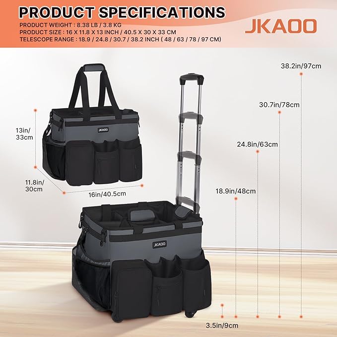 Large Rolling Cleaning Caddy Bag with Detachable Trolley, Waterproof Cleaning Caddy on Wheels for Housekeepers, Cleaning Cart Supplies Organizer for Home,Car,Office,Picnic(Gray)(InPatent)