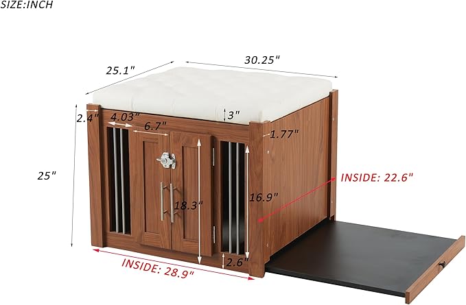 2 in 1 Night Stand with Storage & Dog Crate Furniture, Luxury Wooden Side Table Dog Kennel, Dogs Cage House Kennel End of Bed Bench Ottoman with Removable Cushion,Walnut-MDFMetal
