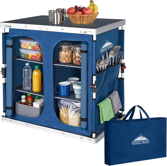 EAGLE PEAK Double Folding Camping Table with Storage Organizer and Side Pockets, Portable Outdoor Portable Camping Table for BBQ, Picnic and Tailgating, Carry Bag Included, Blue