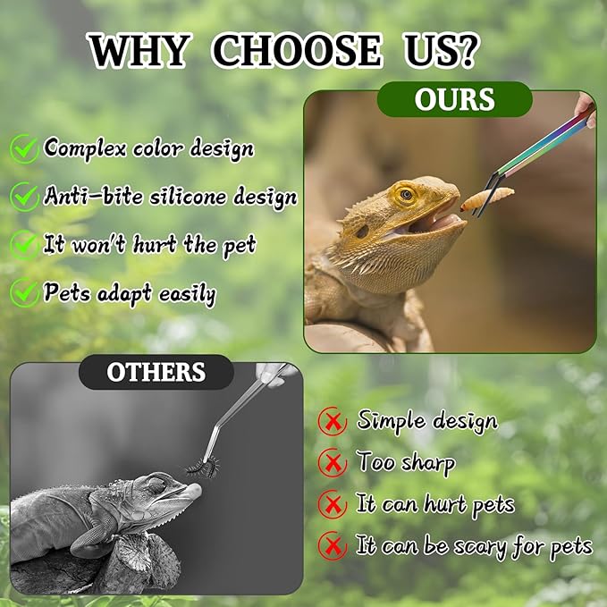 OLIISS Stainless Steel Reptile Feeding Tongs and Spoon Set - 10.6" Straight & Curved Tweezers for Aquariums & Crafts - Feeder Tools for Bearded Dragons & Lizards - Terrarium Tank Supplies