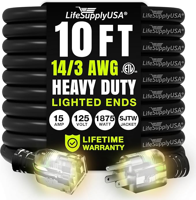 10ft Outdoor/Indoor Extension Cord 14/3 Gauge Heavy Duty 3 Prong SJTW, Waterproof, ETL Listed, Flexible Cold-Resistant Long Power Cord,15A 125V 1875W, Black by LifeSupplyUSA