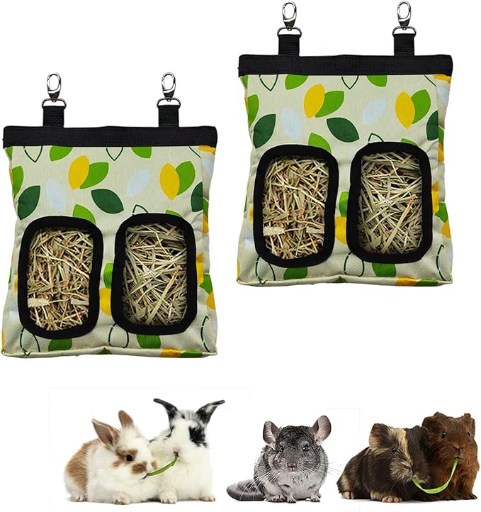 Guinea Pig Hay Feeder, Hanging Rabbit Hay Feeder Bag for Guinea Pigs Bunnies Chinchillas. M, Green Leaves, 2 Count