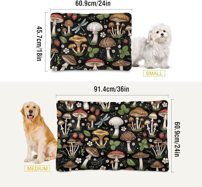 Emelivor Mushrooms Black Dog Cat Bed Washable Crate Pet Bed Anti-Slip Comfortable Dog Kennel Crate Mat for Indoor Small Medium Large Dogs,36x24in