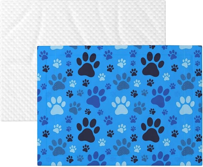 Double Sided Plush Pet Blanket with Cozy Dot Texture and Smooth Reverse, Blue Puppy Pug Dog Paw Print, Reversible Throw for Dogs Cats on Couches Beds Crates