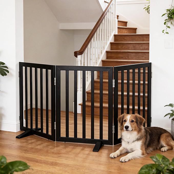 ZJSF Freestanding Indoor Dog Gate for House Foldable Wood Puppy Gate for Doorways Pet Gate for Stairs Extra Wide Pet Fence, Black, 32" Height 3 Panels