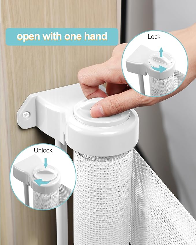 Retractable Baby Gate for Stairs – 33” Height, Expands up to 118” Width – Safety Gate for Infants, Toddlers, Dogs & Pets – Easy Install, Secure Closure, White Mesh Design for Indoor & Outdoor Use