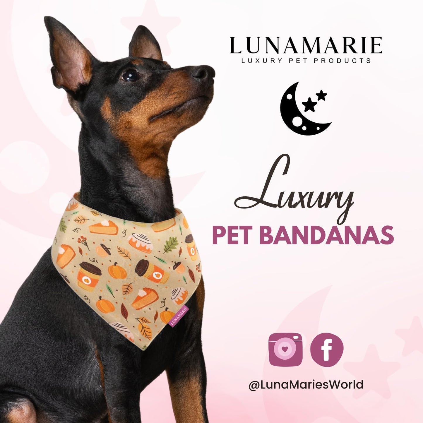 LunaMarie - Luxury Dog Bandanas - Pumpkin Spice Fall Design | Premium & Silky Poly Fabric | 100% Handmade Quality | Custom Shape Dual Layered Reversible Small, Medium, Large Pet (Fall Sweets, Small)