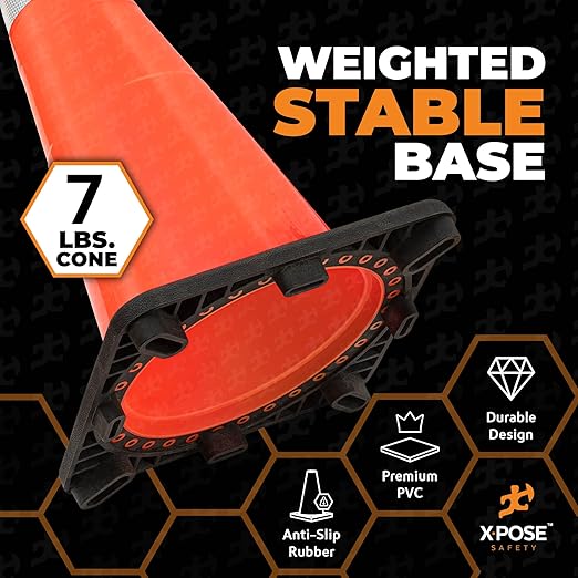 Xpose Safety 28 Inch Orange Traffic Cones with 6" Collar - 12 Pack Multipurpose PVC Plastic Safety Cone for Parking, Soccer, Caution, Kids and Construction - DOT Approved