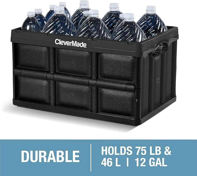 CleverMade Collapsible Storage Bins - Obsidian 3 Pack 46L - Stackable Containers Heavy Duty Capacity Folding Crates - Space-Saving for Home