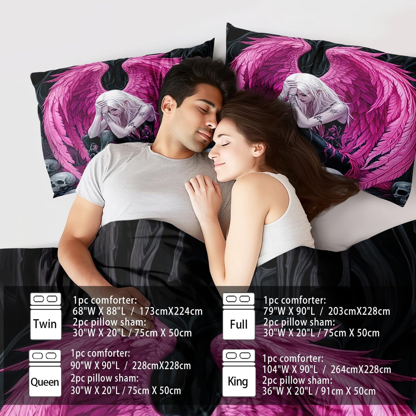 Gothic Skull Comforter Set Full for Adults,Angel Wings Bedding Set Pink for Girls,Sexy Angel Comforter Bedroom Decor Teen,Gothic Skull Bedding Decor Pink Wings Quilt