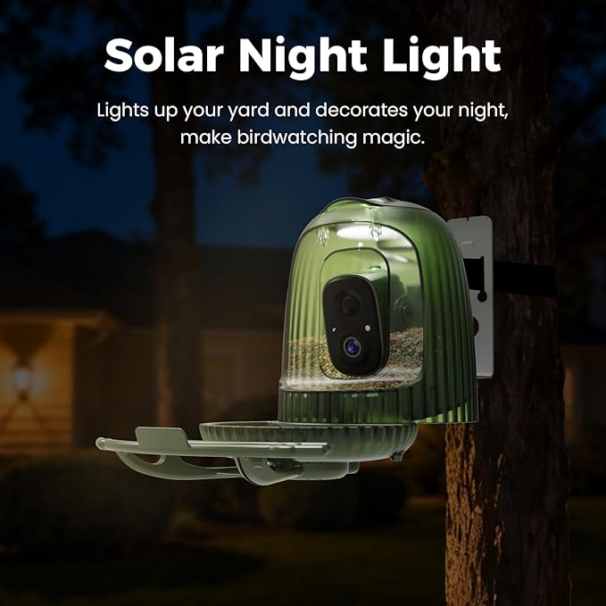 HIXX Smart Bird Feeder with Camera, AI Bird Identifier & 4MP Color Night Vision, Exclusive Vertical View Mode, Squirrel-Deterrent Design, Solar Light for Nature Lovers (Soft White)