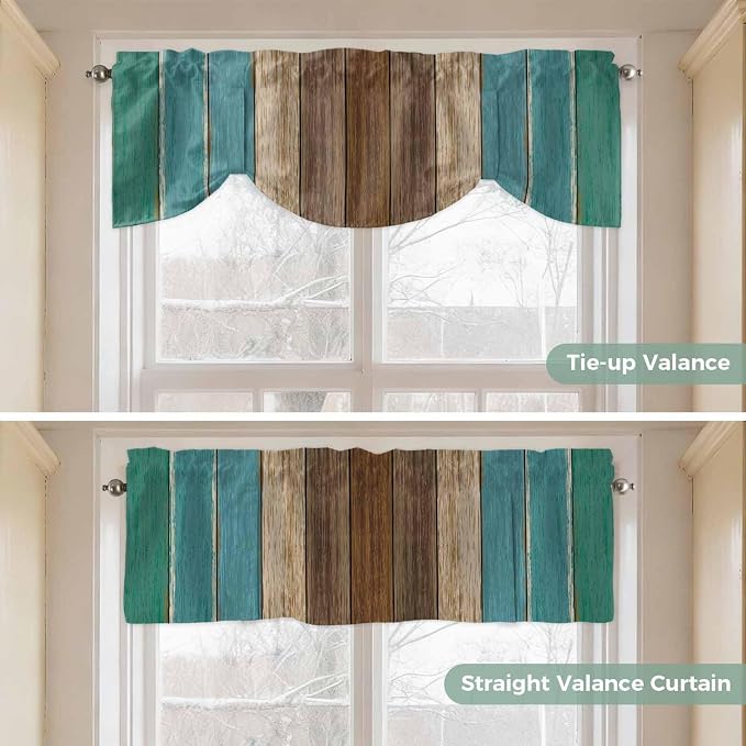 Teal Blue Brown Tie Up Valance Curtains