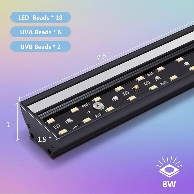 8-INCH LED UVB Light for Reptiles, LED Reptile Light Fixture Controller with Dimming and 4 UVI Modes, 8W Aluminum UVA UVB Lamp for Turtles, Snakes, and Bearded Dragons, 6500K