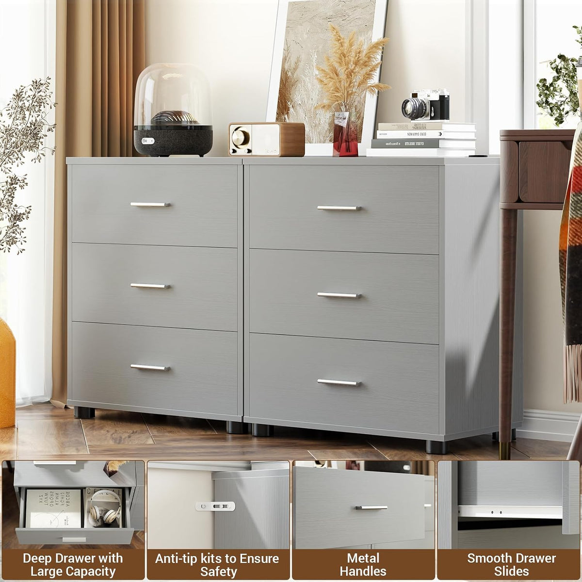 Aheaplus Closet Drawers Set of 2, Wood Closet Organizers and Storage, Grey