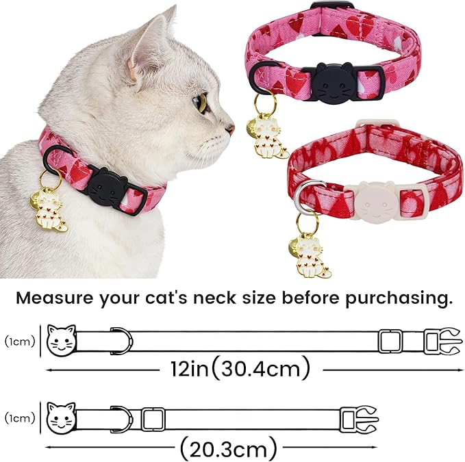 Valentine Cat Collar-2 Pack Collars Red and Pink Love-Heart Print Breakaway with Kitten and Bell Pendant Safety Buckle Adjustable Pet Collar for Cats Gift for Cats and Small Pets