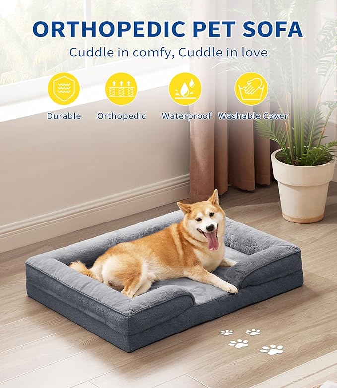 MADE 4 PETS Orthopedic Dog Bed for Large Dogs, Supportive Foam Big Large Pet Bed Sofa with Washable Removable Cover, Waterproof Dog Couch Bed, Non-Slip Bottom and Egg-Crate Foam, Grey