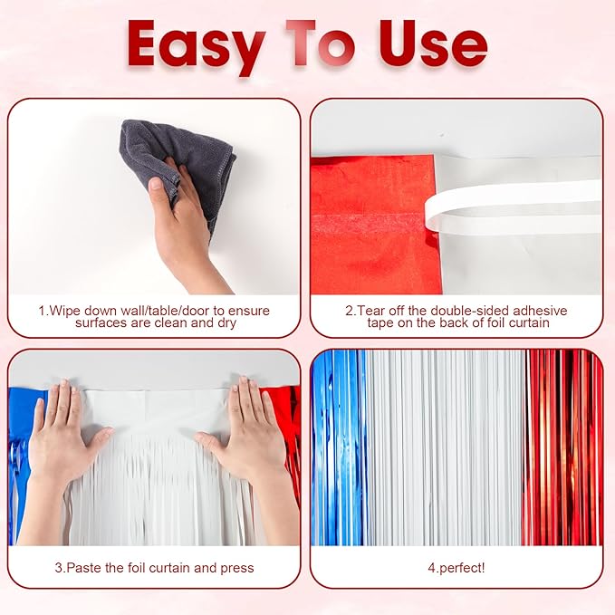 3 Pack 3.3 x 8.2 ft Red White and Blue Foil Fringe Backdrop Curtains, Tinsel Streamers Party Decorations, Fringe Backdrop for Patriotic, Memorial Day, 4th of July, Independence Day