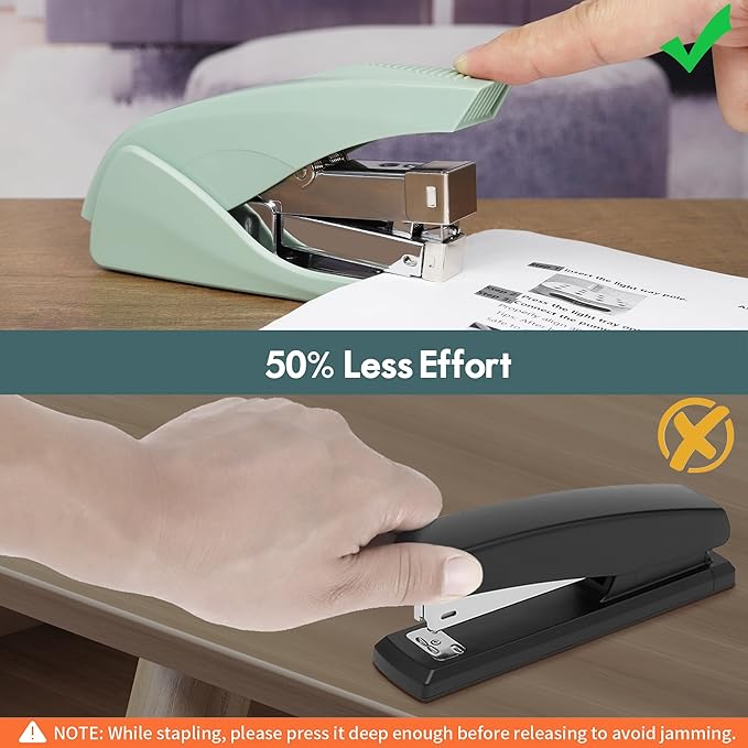 AFMAT Effortless Stapler for Desk, 50 Sheet Capacity, Low Force, Built-in Staple Remover, One Finger Touch Stapling Desktop Stapler, Portable & Space Save Size, Good for Home & Office ES10(Green)