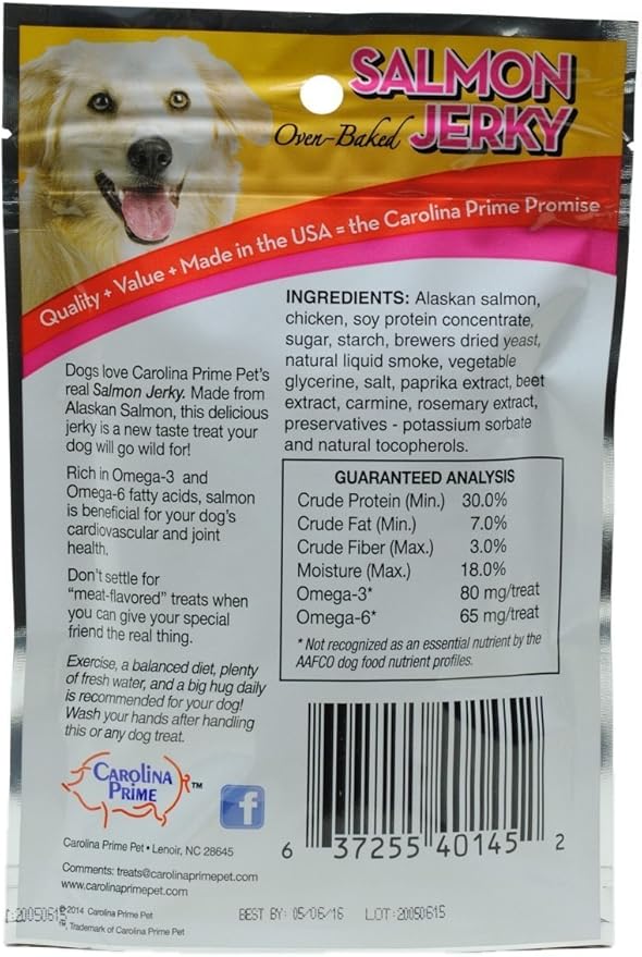 Carolina Prime 2 Pack of Oven-Baked Salmon Jerky Wheat-Free Dog Treats, 6 Ounces each, Made in the USA