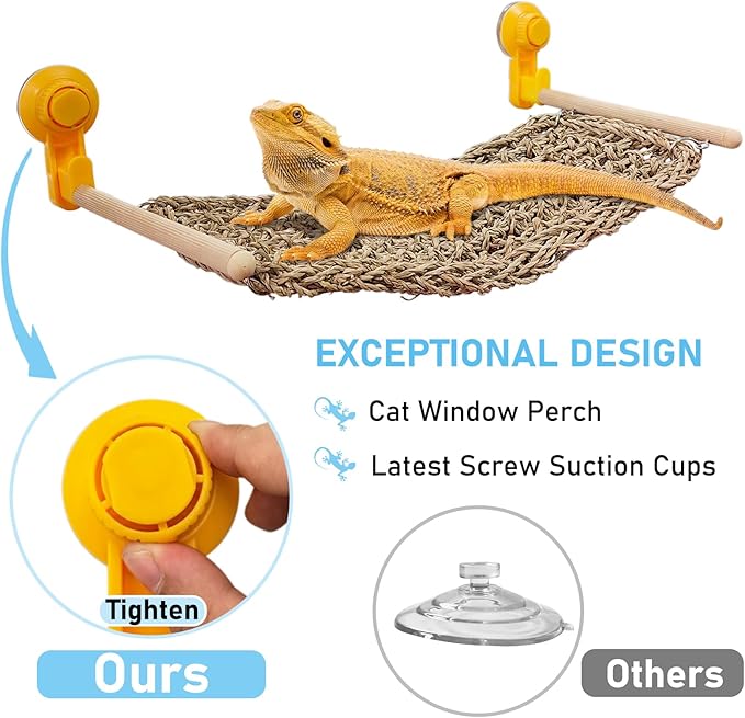 VCEPJH Bearded Dragon Window Perch Reptile Window Hammock Natural Seagrass Lizard Lounger Bed with Powerful Suction Cups Climbing Toys Tank Accessories for Gecko Chameleon Basking (15.75 * 7.87)