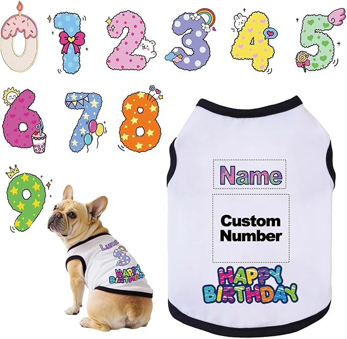Custom Dog Birthday Shirt,Personalized Pet Apparel Print with Name Age Number,Pet Birthday Outfit,Lightweight Breathable Cotton Vest for Small Medium Large Dogs Cat (White + Black Border, X-Small)