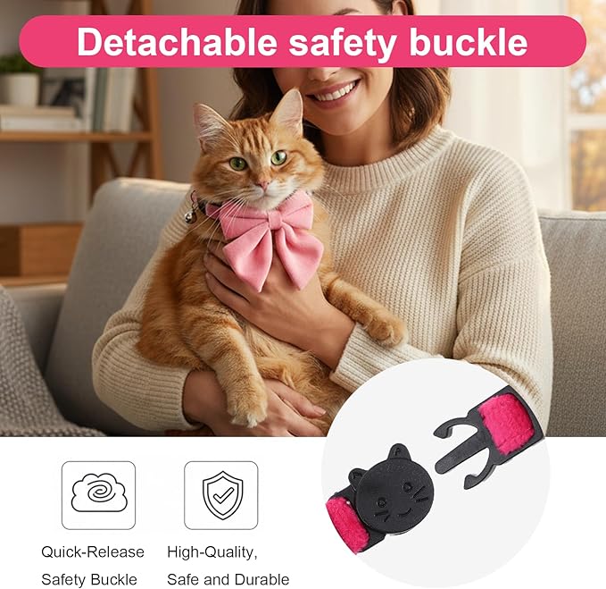 2 Pcs Pink Cat Collar with Bow Bells Breakaway Cat Bowtie Collar with Bell Safety Buckle Cats Collars for Girl Cats Adjustable Soft Cute Kitten Collars for Kitten