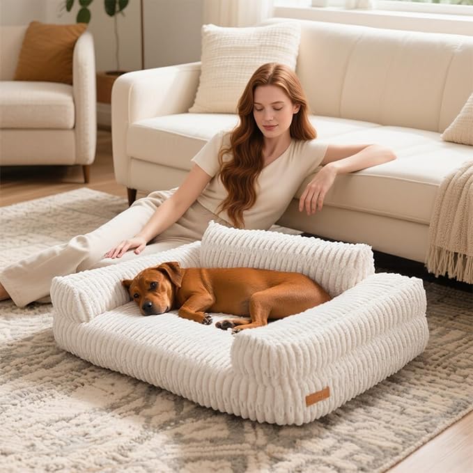 Cute Couch for Pets, Fluffy Pets Sofa with Soft Corduroy Fleece, Supportive Pet Sofa with Non-Slip Bottom, 30inch, Cream