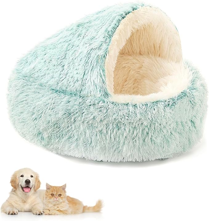Plush Fluffy Dog and Cats Round Bed – Ultra-Soft Faux Fur Pet Shell Nest with Raised Bolster Edge, Self-Warming Calming Nest for Small to Large Pets (Green, Large（26”）)