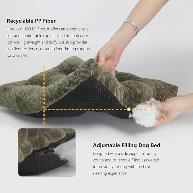Large Dog Bed - 42 Inch Soft & Fluffy Crate Pads for Dogs Up to 90 lbs - Washable, Olive Green